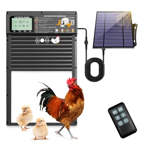 XRDZYXGS Automatische Hühnerklappe, Wasserdicht Hühnerklappe, Solarbetrieben, Elektrische Hühnerklappe mit Radarsensor, Timer, Lichtsensor, Großes Display, Fernbedienung, für Geflügel(Schwarz) von XRDZYXGS