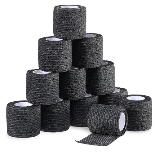 XREE 12 Rolle Haftbandage Selbstklebend, 5cm x 4.5m Selbsthaftende Bandage Klebeverband Schwarz Elastisch Atmungsaktiv für Handgelenk Knöchel Sportler Pet von XREE