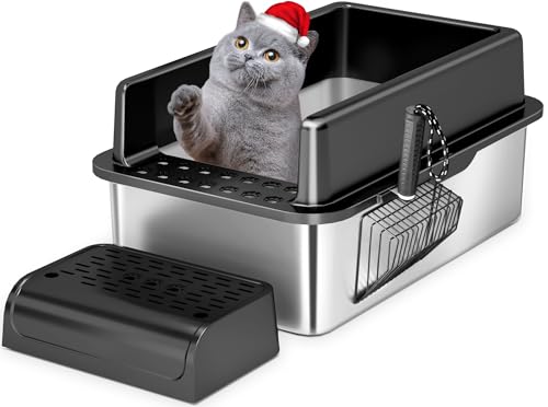 Edelstahl Katzentoilette mit Deckel, Extra Große Katzentoilette für große Katzen, High Sided XL Metall Katzentoilette Nicht klebend Anti-Leck Geruchskontrolle einfache Reinigung (24„ x 16“ x 12") von XSBAIHUO
