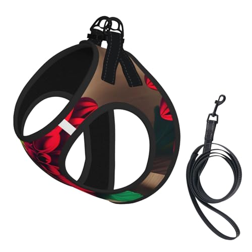 Hundegeschirr mit Holzbrett, Retro-Blume, rotes Dahlien-Druck, reflektierend, Haustierweste, Welpengeschirr, Leine-Set, für Spaziergangstraining von XTYGETY