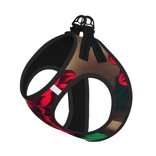 Hundegeschirr mit Holzbrett, Retro-Blume, rotes Dahlien-Druck, reflektierend, Haustierweste, Welpengeschirr, Leine-Set, für Spaziergangstraining von XTYGETY