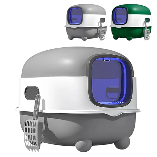 XUANYU 2-in-1-Katzentoilette mit Schaufel und UV, Katzentoilette, faltbar, Katzentoilette mit Deckel und 2 Türen, auslaufsicheres WC für Katzen und kleine Tiere (grau) von XUANYU
