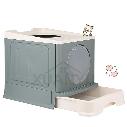 XUANYU Groß Katzentoilette mit Abdeckung, Geschlossene Katzentoilette, Groß Katzenklo mit Deckel und Schaufel, 2 Eingangstüren, Geräumig für Katzen bis 7 kg/15 lbs (Grau L-45×34×39 cm) von XUANYU