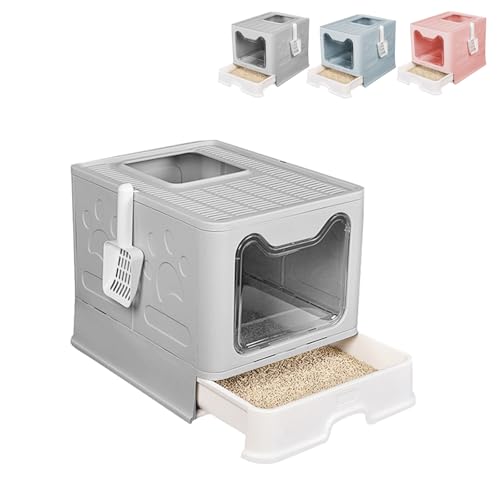 XUANYU Großes Katzentoilette, faltbar, Katzentoilette, geschlossen, mit Schaufel, Katzentoilette für Katzen und kleine Tiere, WC für Katzen (grau) von XUANYU