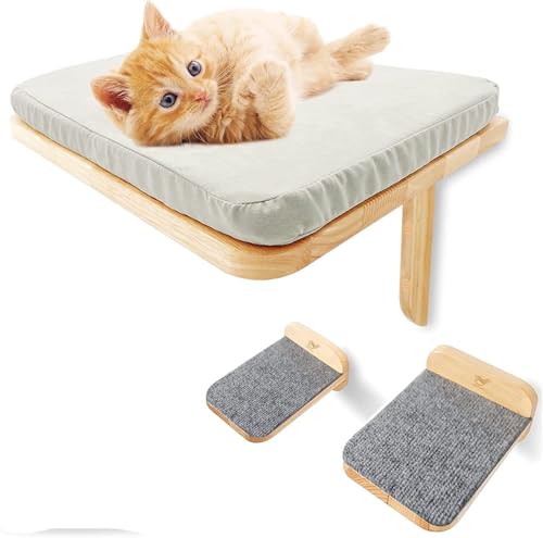 XUANYU Katzenhöhle, Katzenbett, Hängematte für Katzen, waschbar, Kissen, weich und bequem, Sitzstange für Katzen (Grau, Holz, Wandmontage, 40 x 30 x 25 cm) von XUANYU