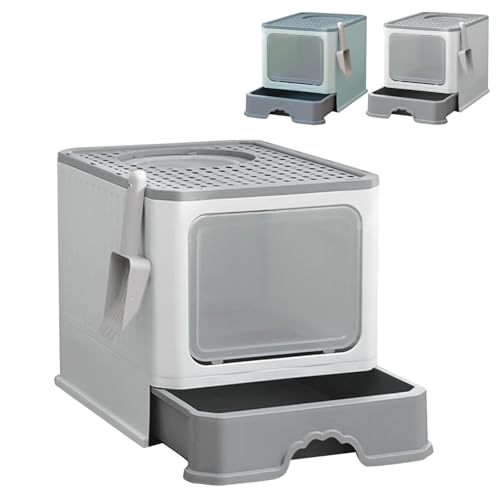 XUANYU Katzentoilette mit Deckel und 2 Türen, geschlossene Katzentoilette mit Schaufel, Schublade für Katzen und kleine Tiere, auslaufsicheres WC für Katzen (Grau) von XUANYU