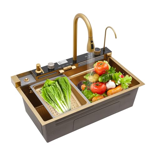 Küchenspüle, 75X46X22cm Multifunktionale Edelstahlspüle mit Digitale Wasserhähne und Tassenwaschanlage, Wasserfall Spülbecken für Bars, Balkonen, Küchen von XUEMANSHOP