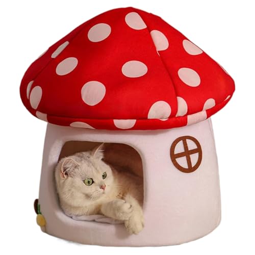 XUEYEGONGJI Pilz Katzenbett weich warm niedliche Cartoon Pilzkuh Form Katzenhäuser mit abnehmbarem Kissen Kissen für Innenkatzen kleine Hunde, Bett von XUEYEGONGJI