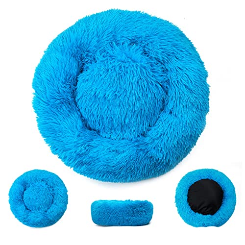 Rundes großes Hundebett mit Reißverschlussbezug Waschbares Haustier-Schlafsofa Lange Plüsch-Hundehütte Großes Hundekissen Hunde Warme schlafende Katzenmatten-Blau,XL Durchmesser 70cm von XUFXEUT