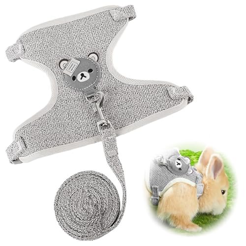 XURJUMI Hasengeschirr Mit Leine,Kaninchen Leine 120Cm,Verstellbare Leine Für Kaninchen,Verstellbare Katzengeschirr Kaninchen Geschirr Hasenleine Zwergkaninchen (Grau, S (1-3Kg)) von XURJUMI