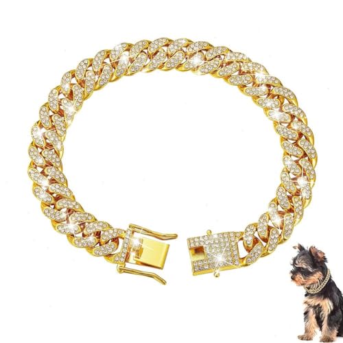 Goldene Hundehalsbänder, 20 cm langes Hundehalsband aus Metall mit sicherer Schnalle, Hundehalskette, kubanische Diamantenkette, Haustierhalsbänder für kleine und mittelgroße Hunde und Katzen, von XUXN