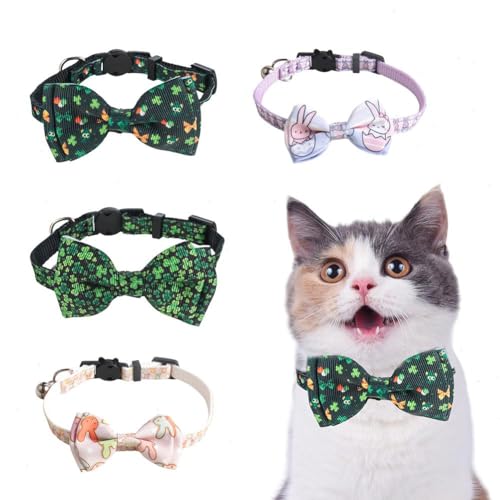 Katzenhalsbänder mit Glöckchen, verstellbar, bunt bedruckt, Katzenhalsband mit Schleife, schönes Design, Katzenhalsband mit Fliege, Abreißband für die Sicherheit von Kätzchen, 4 Stück von XUXN