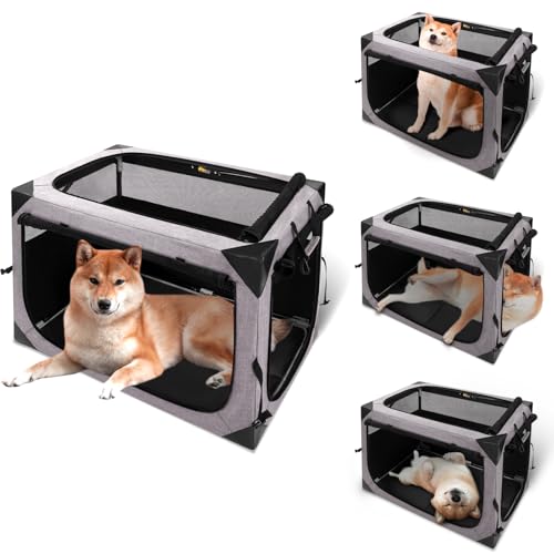 Hundebox, faltbar, 91,4 x 63,5 x 63,5 cm, faltbare Hundebox mit Abdeckung, 3 Türen, faltbar, weiche Hundebox mit Tragetasche, Hellgrau Hundebox, faltbar, 91,4 x 63,5 x 63,5 cm, faltbare Hundebox mit Abdeckung, 3 Türen, faltbar, weiche Hundebox mit Tragetasche, Hellgrau von XVISHX