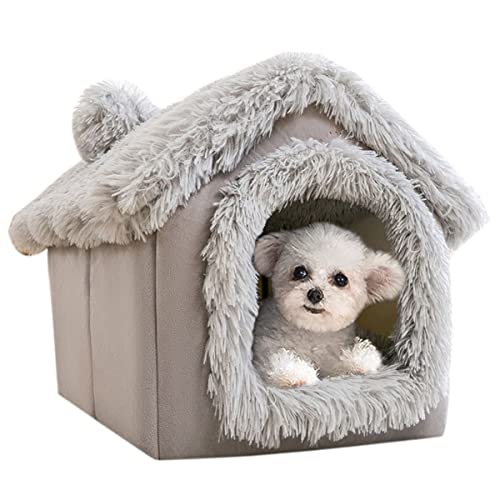 XWanitd Weiches Plüsch-Hundehütte, Haustierzelt, Winter, warm, Katzenhöhle, Hundehütte, Haustiernest, faltbar, für den Innenbereich, Katze, Kätzchen, Hunde, Welpen (Medium, Plüschgrau) von XWanitd