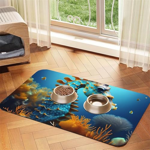 Blaues Seepferdchen-Haustier-Tischset, saugfähig, Leder, 30 x 45 cm, schönes Design, Katzen- und Hundenapfmatte, tragbare Aufbewahrung Blaues Seepferdchen-Haustier-Tischset, saugfähig, Leder, 30 x 45 cm, schönes Design, Katzen- und Hundenapfmatte, tragbare Aufbewahrung von XZDZWK