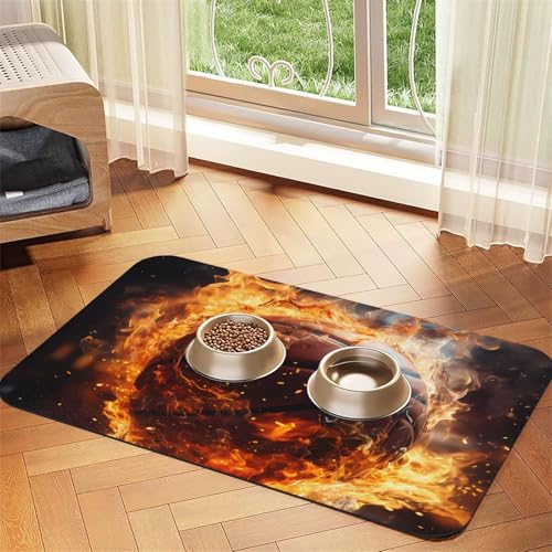 Platzdeckchen mit Basketball auf Feuer und Wasserflamme für Haustiere, saugfähig, Leder, 40 x 60 cm, schönes Design, Katzen- und Hundenapfmatte, tragbare Aufbewahrung von XZDZWK