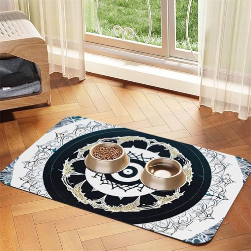Platzset für Haustiere, rund, Totem-Design, saugfähig, Leder, 40 x 60 cm, schönes Design, für Katzen- und Hundenapf, tragbar, Schwarz und Weiß Platzset für Haustiere, rund, Totem-Design, saugfähig, Leder, 40 x 60 cm, schönes Design, für Katzen- und Hundenapf, tragbar, Schwarz und Weiß von XZDZWK