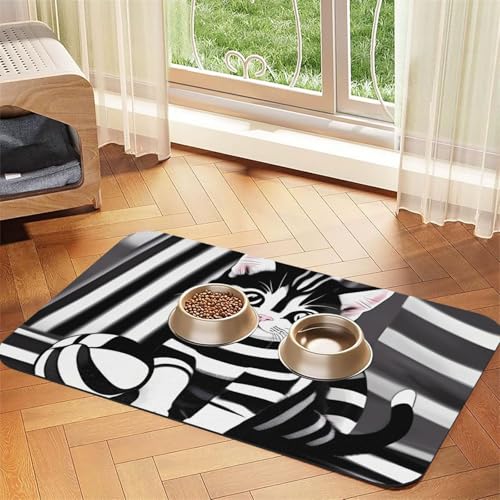 Schwarz-weiß gestreiftes Katzen- und Hundenapf-Matte, saugfähig, Leder, 30 x 45 cm, schönes Design, tragbare Aufbewahrung Schwarz-weiß gestreiftes Katzen- und Hundenapf-Matte, saugfähig, Leder, 30 x 45 cm, schönes Design, tragbare Aufbewahrung von XZDZWK