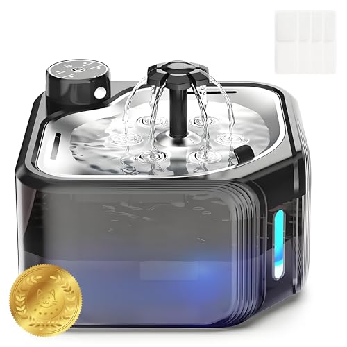 Kabelloser Katzen-Wasserbrunnen mit 4 Ersatzfiltern, 2,8 l, kabelloser Haustier-Wasserbrunnen batteriebetrieben mit Edelstahl-Tablett, automatischer Wasserspender für Katzen und Hunde, mit von XZKING