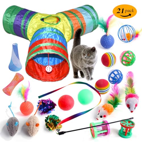 Xafrstyu 21 Stücke Katzenspielzeug Set Katzentunnel Interaktives Katzen Spielzeug für Kätzchen Federspielzeug Katzenbälle Spielzeugmäuse, Spielzeugmäuse Spielzeug Variety Pack für Kitty (Y-Type) von Xafrstyu