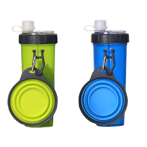 Xafrstyu 2er Set Hund Trinkflasche Und Futterflasche 2-in-1, Mit 2 Faltbar Hunde Reisenapf Tragbare, Katzen Hunde Wasserflasche, Hundewasserschüsseln Zum Gehen, Wandern & Reisen (blau+Grun) von Xafrstyu