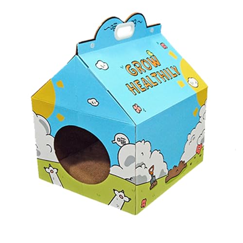 Xafrstyu Katzenhaus Pappe, Katzenhaus aus Karton zum Zusammenbauen, Katzenhöhle mit Kratzbrett, Katzenhaus für Kleine bis Mittlere Größe Katzen, Tragbarkeit (Blau-L) von Xafrstyu