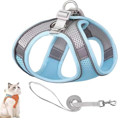 Adjustable Cat Harness and Lead Set – Stimuli Cat Harness, Escape Proof Soft Mesh Vest, Comfort Fit, Easy to Control, Allowing Cats to Safe and Stress-Free (Blue, M) von Xebular