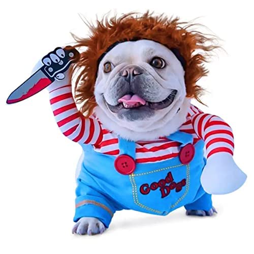 Chucky Hundekostüme für Hunde Wig and Knife,Lustige Chucky Hundekleidung Puppe Halloween Cosplay Kostüm (M) von XehCaol