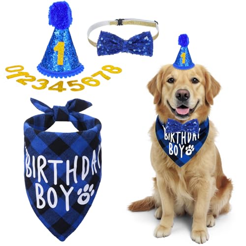 Geburtstagsparty-Zubehör für Katzen und Hunde, Hunde-Geburtstagshut, Set mit Zahlenschleife, blaue Hunde-Geburtstagsdekoration für große, mittelgroße und kleine Haustiere Geburtstagsparty-Zubehör für Katzen und Hunde, Hunde-Geburtstagshut, Set mit Zahlenschleife, blaue Hunde-Geburtstagsdekoration für große, mittelgroße und kleine Haustiere von Xelsluthe