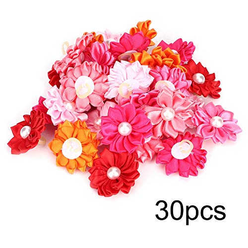 30pcs Haustierhaarbögen, farbenfrohe Blumenperlendekoration Hundekatze, Welpenpflegezubehör, Polyester Stoff Gummi -Banddesign für kleine Hunde Katzen von Xergur