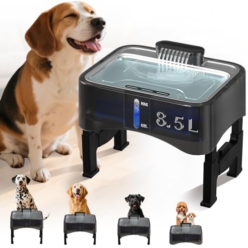 8.5L/2.25Gal Erhöhter Hund Wasserbrunnen, Xetino 4 Höhenverstellbar Erhöhter Hund Wassernapfspender für große Hunde mit Edelstahl-Tablett, Haustier-Wasserbrunnen mit ultra leiser Pumpe und Filter von Xetino