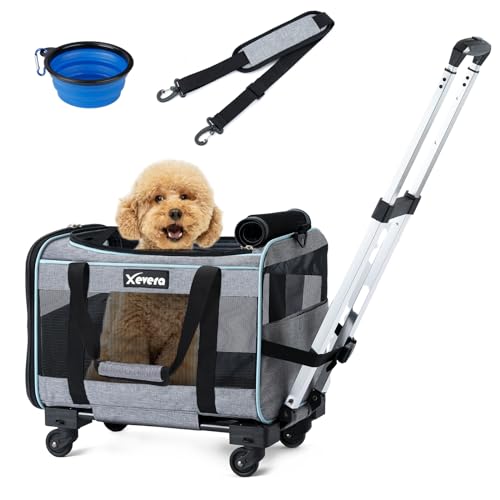 Xevera Transporttasche für Hunde und Katzen, mit Rollen, von Fluggesellschaften zugelassen, für Katzen, Hunde, 6,8 kg, 9 kg, mit doppelseitiger Matte, Sicherheitsleine und Schultergurt, Grau Xevera Transporttasche für Hunde und Katzen, mit Rollen, von Fluggesellschaften zugelassen, für Katzen, Hunde, 6,8 kg, 9 kg, mit doppelseitiger Matte, Sicherheitsleine und Schultergurt, Grau von Xevera