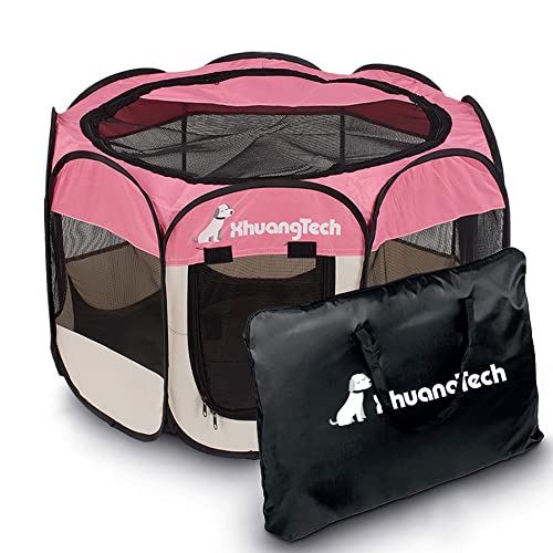 XhuangTech Laufstall für Haustiere, Hunde, Katzen, Welpen, 80 x 80 x 58,4 cm, weicher Stoff, tragbar, faltbar, für den Innen- und Außenbereich, Rosa und Beige von XhuangTech