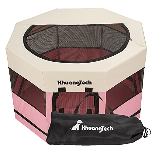 XhuangTech Tragbarer, faltbarer Laufstall für Hunde und Katzen, mit hochwertigem 600D-Oxford-Gewebe, abnehmbarer Reißverschluss, für den Innen- und Außenbereich (85 x 85 x 55 cm, Pink) von XhuangTech