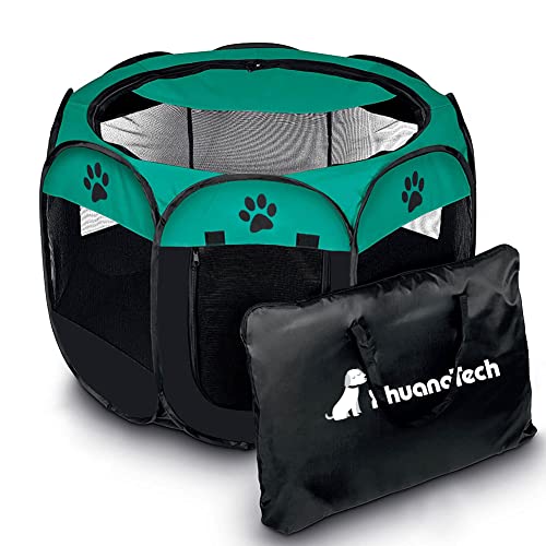 XhuangTech Laufstall für Hunde und Katzen, weicher Stoff, tragbar, faltbar, für drinnen und draußen, Transporttasche für Haustiere, Blau und Schwarz von XhuangTech