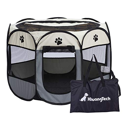 XhuangTech Laufstall für Haustiere, für Hunde und Katzen, aus weichem Stoff, tragbar, faltbar, für den Innen- und Außenbereich geeignet, Grau und Beige von XhuangTech