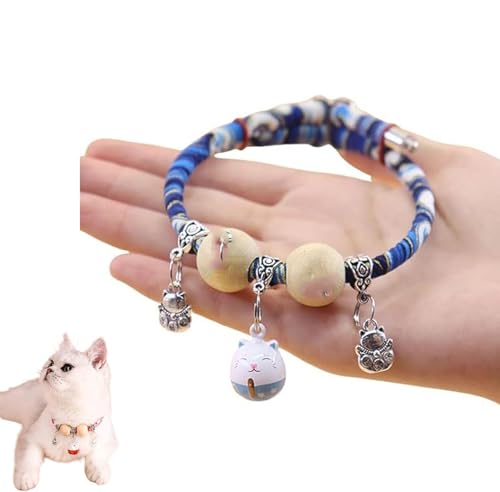 Celerypets Hundehalsband aus Zedernholz, personalisierbar, mit Glücksanhänger, Katzenglocken, bequem, verstellbar, geeignet für Katzen und Hunde (Katzenblau, XL) von XiChiu