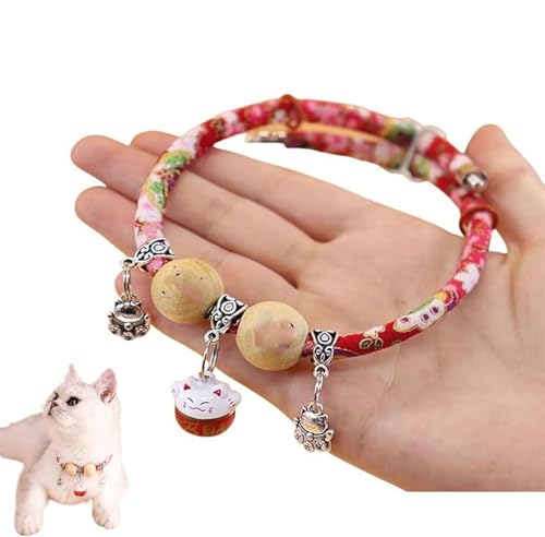 Celerypets Hundehalsband aus Zedernholz, personalisierbar, mit Glücksanhänger, Katzenglocken, bequem, verstellbar, geeignet für Katzen und Hunde (Katzenrot, XL) von XiChiu