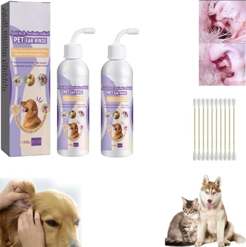 XiChiu Haustier-Ohrenreiniger, Infektionsbehandlung für Hunde und Katzen, Haustierohren-Reinigungslösung, Katzenohrenschmalz-Reiniger, Hundeohrenreiniger, beruhigt Haustierohren (2 Stück) von XiChiu