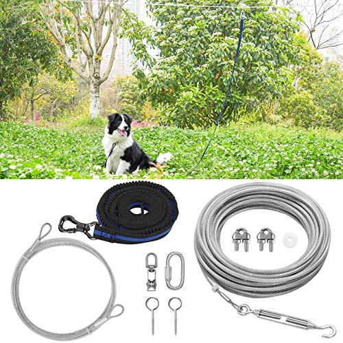 XiaZ Hundeleine, 60 m, Hunde-Trolley, Läufer-Kabel für Hunde bis zu 113 kg, Hundeleine für Hof, Camping, Outdoor, mit 2,4 m Nylon-Bungee-Läufer, Kabelschlinge zum Schutz von Bäumen von XiaZ