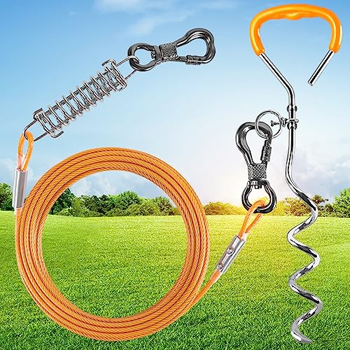 XiaZ Hundeleine mit Kabel- und Pfahl, 15 m lange Hundekette mit drehbarem Haken und stoßdämpfender Feder, Hundeleine für Hof, Outdoor und Camping für kleine bis mittelgroße Haustiere bis zu 56,7 kg von XiaZ