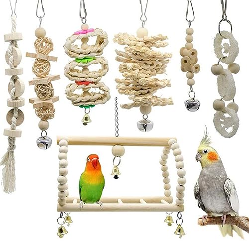 XiaoXIN Papageien-Vogelspielzeug-Set, Schaukelkäfig-Zubehör, Holzfarbe, 7-teiliges Set, Vogelspielzeug, interaktiv, Zielgruppe von XiaoXIN