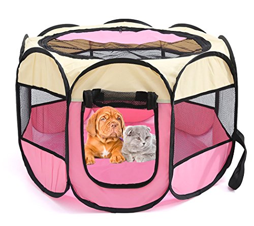 Xiaoyu tragbare Haustier Laufstall Käfig, Indoor/Outdoor Hund Kiste, geeignet für Hunde/Katzen/Kleintiere, beige-rosa, M von Xiaoyu