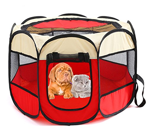 XIAOYU tragbare Haustier Laufstall Käfig, Indoor/Outdoor Hund Kiste, geeignet für Hunde/Katzen/Kleintiere, beige-rot, M von XIAOYU