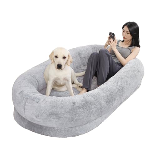 Xifamniy Hundebett für Erwachsene, für Menschen und Haustiere, grau, faltbar, mit Kissen und Decken (grau/rundes Bett) von Xifamniy