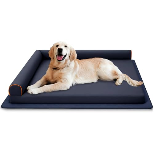 Orthopädisches, wasserdichtes Hundebett mit Memory-Schaum, unzerstörbares Hundebett, waschbare Haustiercouch für große Hunde, abnehmbarer Bezug, Anti-Rutsch-Pad, Blau von Xihan