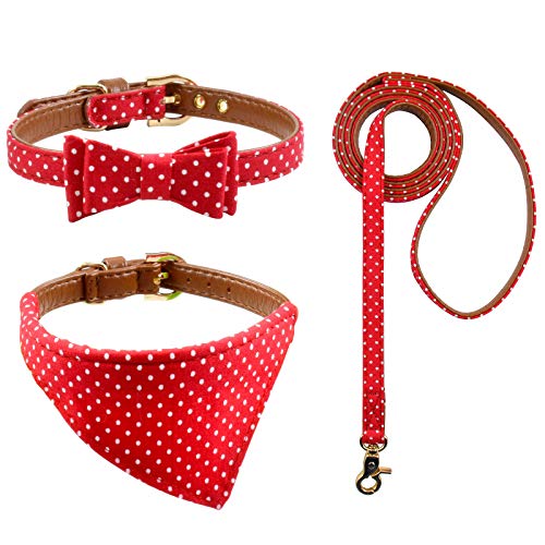 3-teiliges Hundehalsband und Leine, mit Fliege, kariert, Camouflage, Punkte, Blumen, Hundehalstücher mit Glocke, 3 Größen verstellbar für kleine Hunde, Welpen und Katzen (XS, rote Punkte) von Ximipet