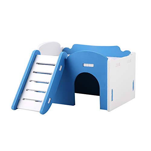 Xinapy Holz Hamster Haus Blau Doppelschicht Hamster Versteck Niedlich Zusammengebaute Haustier Schlafnest mit Treppe von Xinapy
