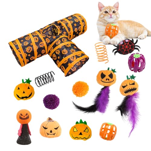 Halloween Cat Tunnel, K Spielzeug Set | 3-Wege Faltrohr mit Federstäbe Traktion, Festliche Spielstruktur für Kaninchen und Kätzchen Indoor zum Erkunden und Genießen des AC von Xinhuju