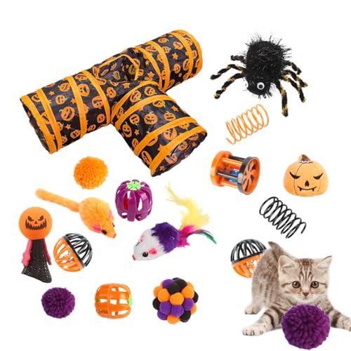 Halloween Cat Tunnel K Spielzeug Set | 3-Wege Faltbare Röhre mit Federstäbchen Traktion, Festliche Spielstruktur für Kaninchen und Kätzchen in Innenräumen zum Erkunden und Genießen des AC von Xinhuju
